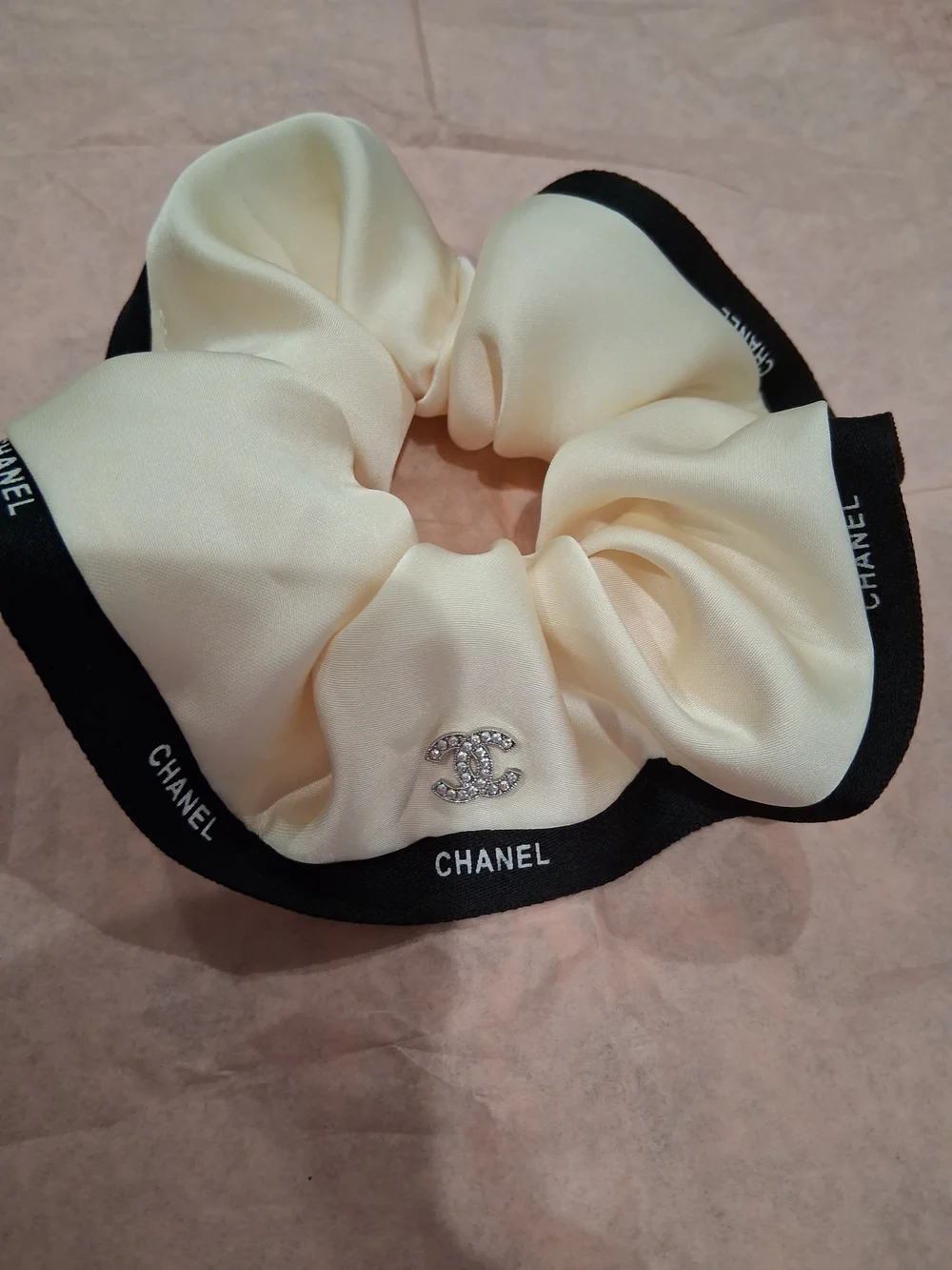 CHANEL GWP  Cream Satin Hair Scrunchie with Crystal CC Emblem on Black Trim.New